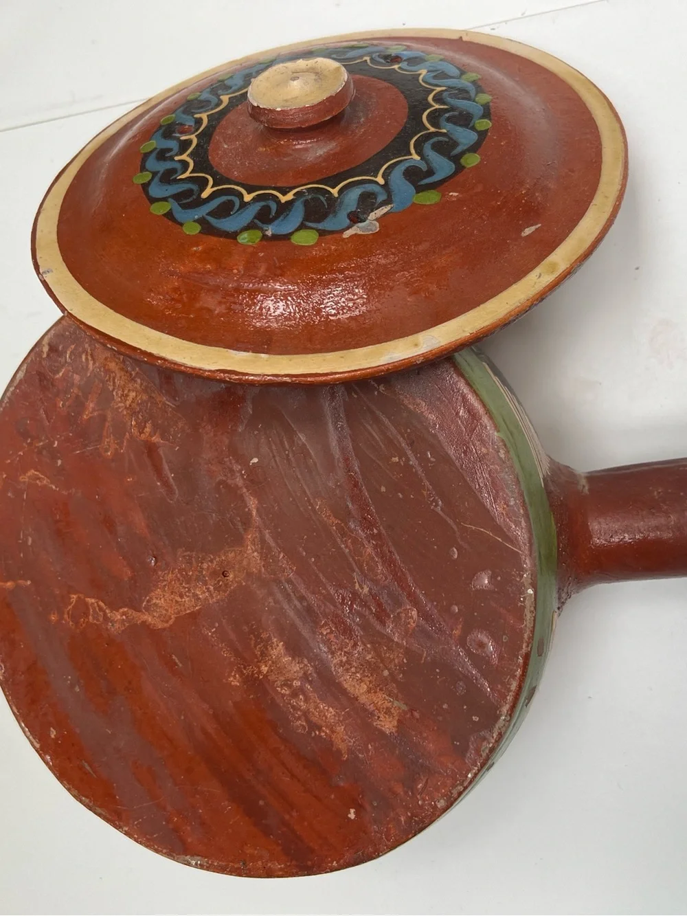 Vintage Mexican Tlaquepaque Pottery Lidded Pot Casserole Hand Painted Redware